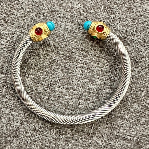 Silver twisted cuff bracelet with gold accents and rhinestones with turq… - Picture 3 of 5